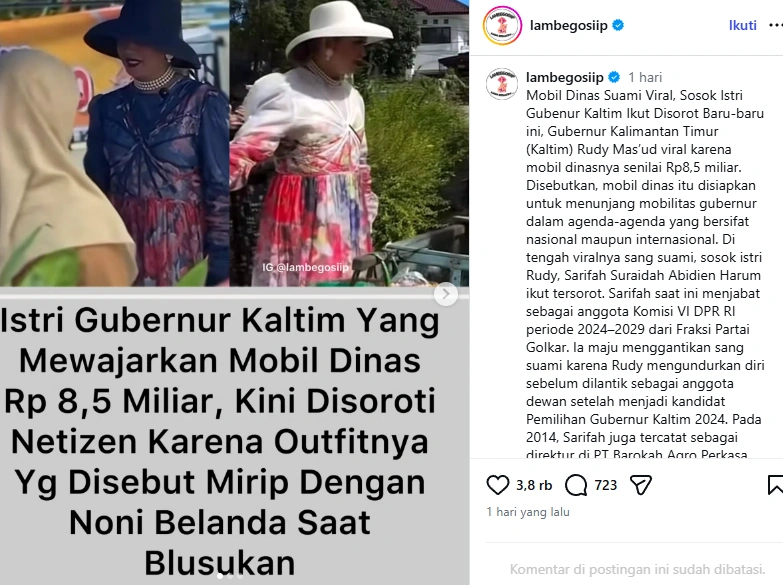 Penampilan Istri Gubernur Kaltim Bak Noni Belanda [Sumber: Instagram Lambegosiip]