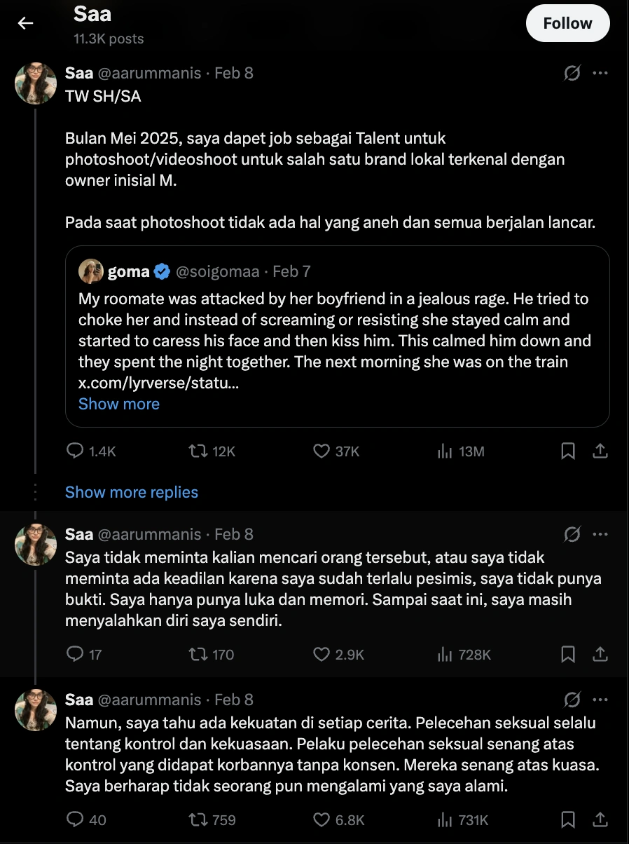 Pengakuan @aarummanis soal pelecehan yang dialaminya. [X]