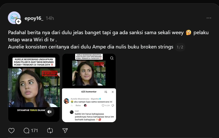 Pengakuan Aurelie Moeremans Tentang Tabiat Roby Kembali Viral [Sumber: Threads]
