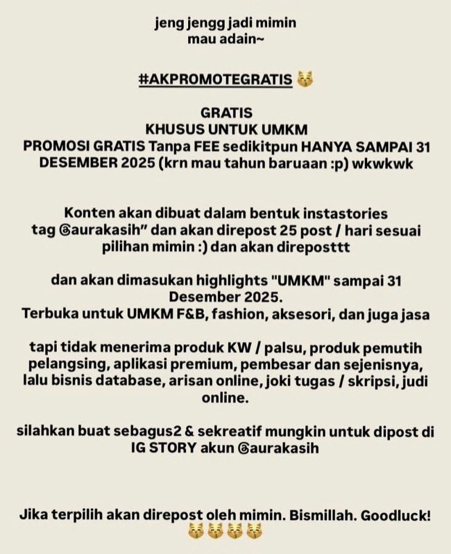 Pengumuman Promosi Untuk Bantu Umkm Yang Dibuat Aura Kasih [Instagram]