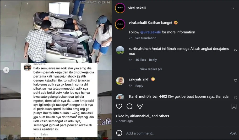 Penjaga Kursi Pijat Dituduh Hilangkan Gelang Customer [Sumber: Instagram]