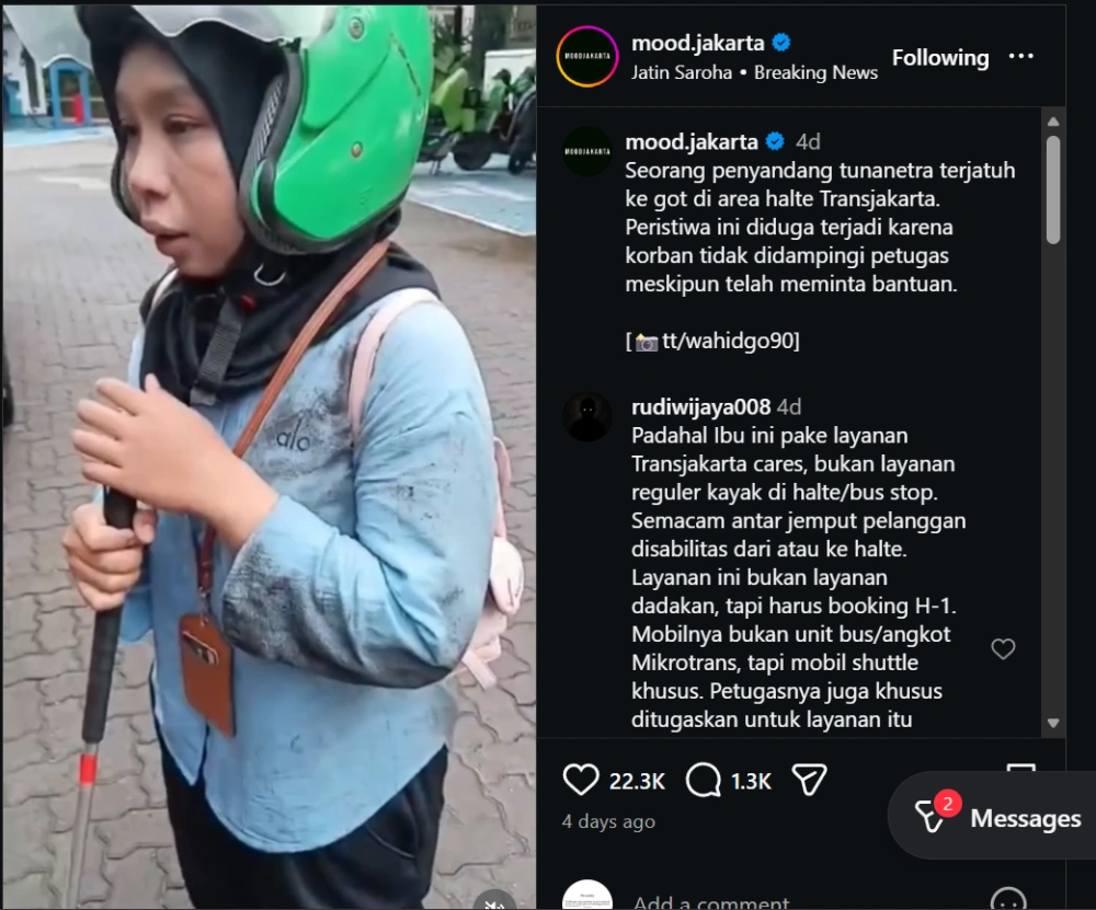 Penyandang Disabilitas Tercebur Got Usai Naik Transjakarta [Sumber: Instagram]