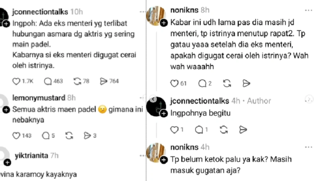 Percakapan medsos soal eks menteri yang digugat cerai. [Instagram/@gosip_danu]