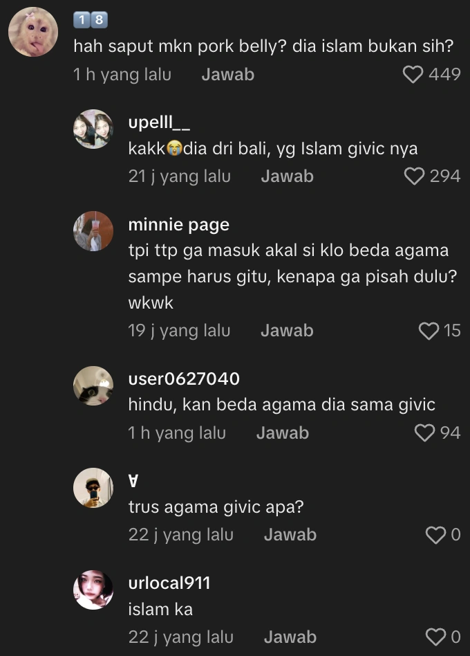 Percakapan netizen membahas agama Saput dan Givic. [TikTok]