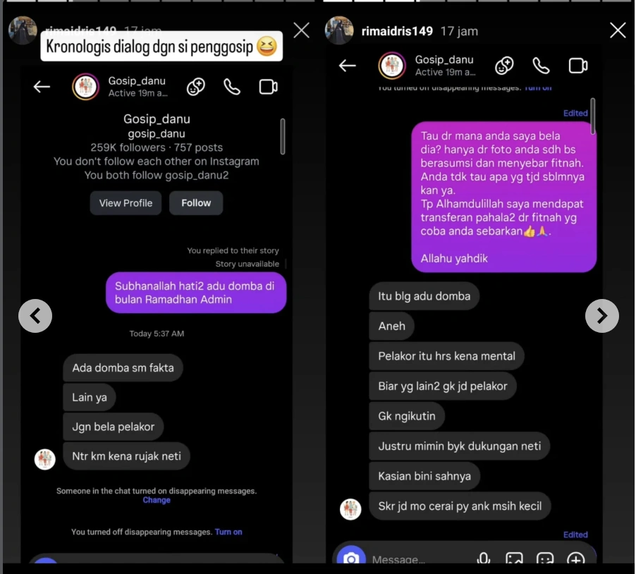 Perdebatan antara Rima Idris dengan admin akun @gosip_danu. [Instagram]