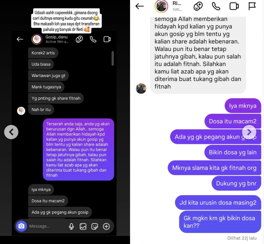Perdebatan antara Rima Idris dengan admin akun @gosip_danu. [Instagram]