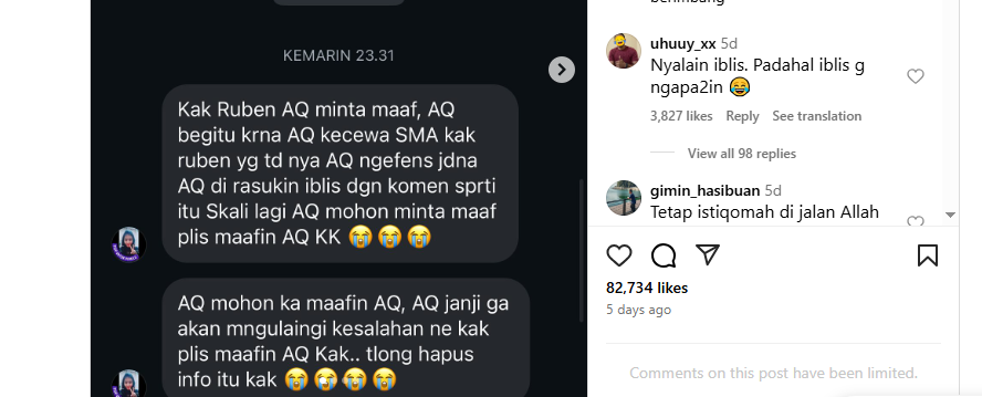 Permintaan Maaf Warganet Kepada Ruben
