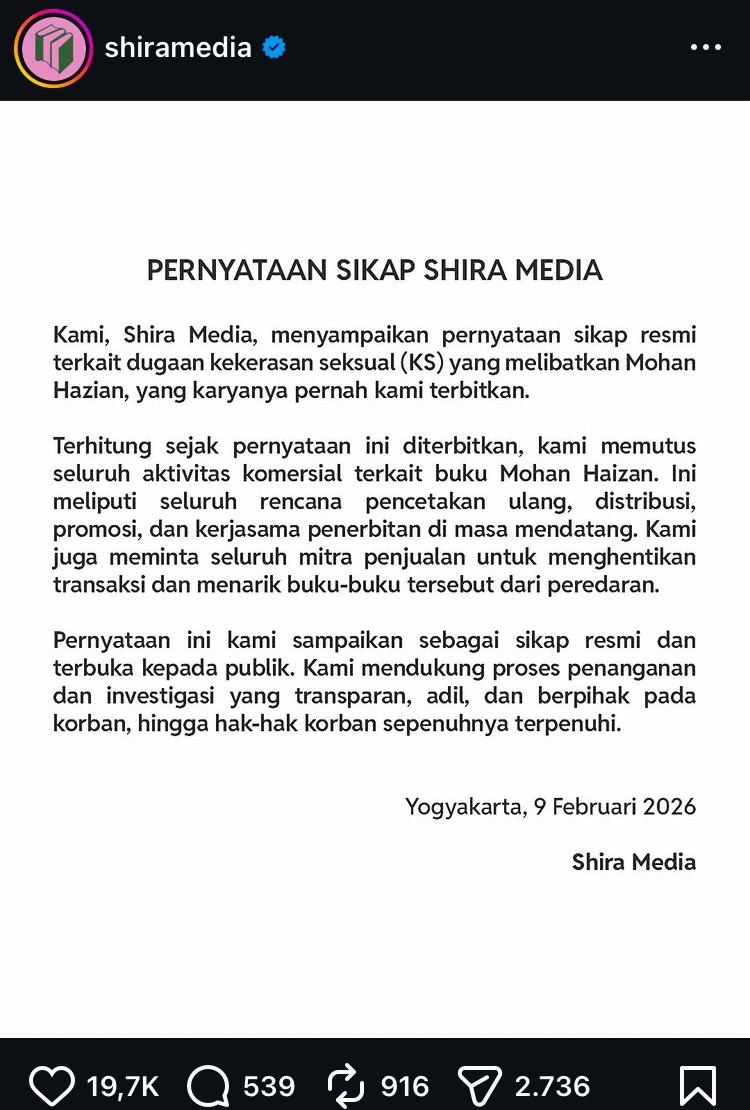 Pernyataan Sikap Shira Media Terhadap Kasus Mohan Hazian [Instagram]
