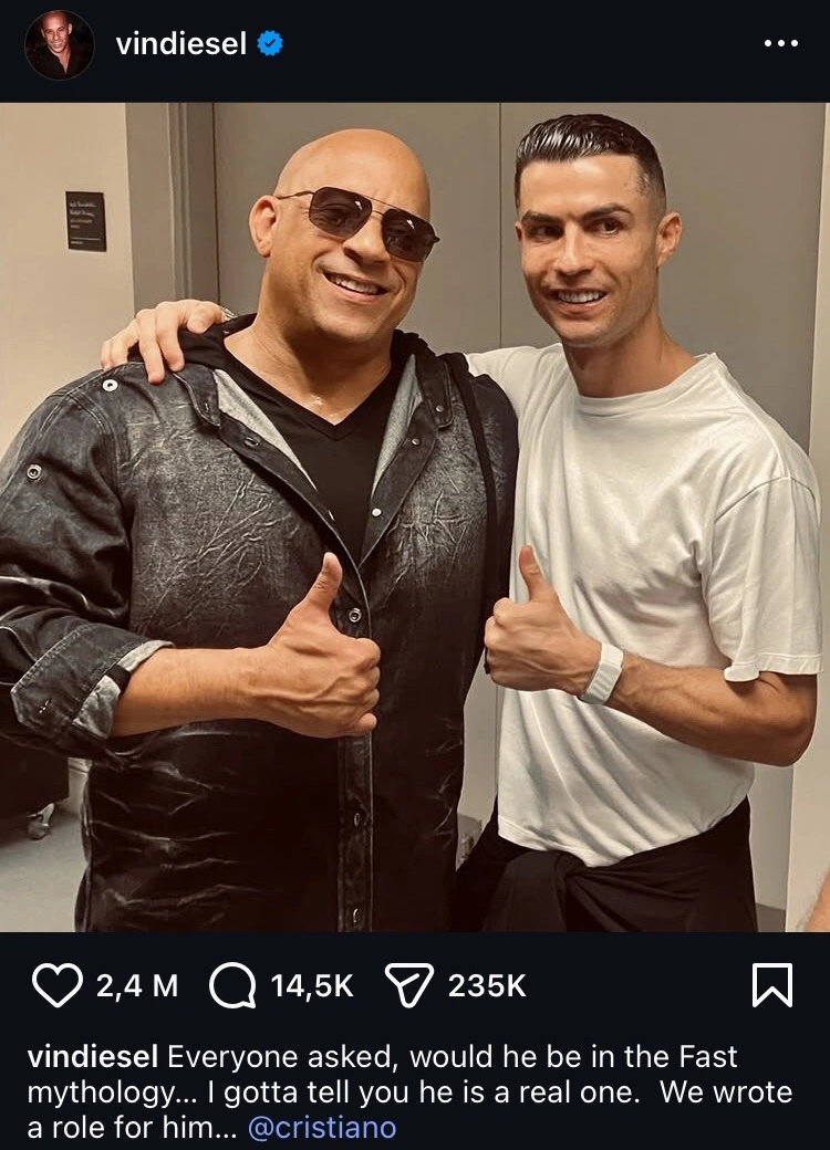 Pernyataan Vin Diesel Tentang Peran Christiano Ronaldo Dalam Fast Furious Episode Terbaru [Instagram]