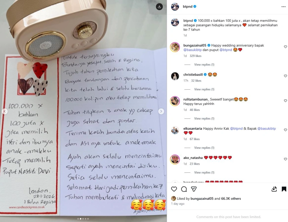 Pesan Manis Ahok Untuk Puput [sumber: Instagram Btpnd]