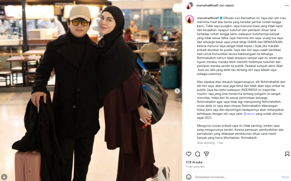 Pesulap Merah Unggah Foto Dengan Ratu Rizky Nabila dan Sampaikan Permintaan Maaf [sumber: Instagram Marcelradhival1]