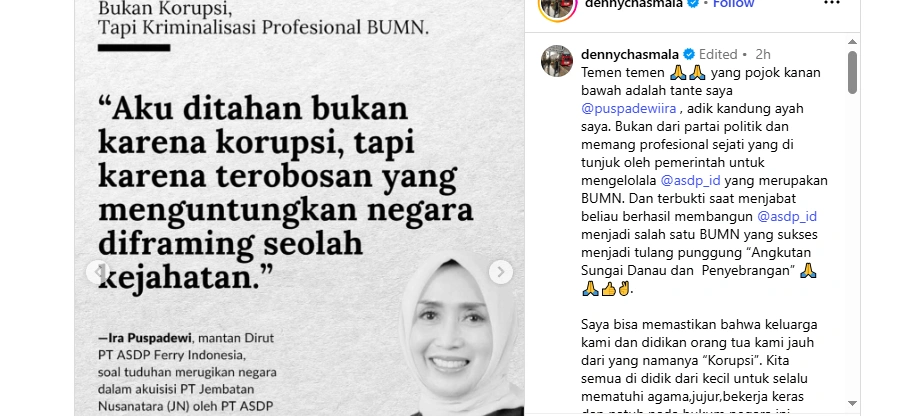 Postingan Denny Chasmala Soal Ira Puspadewi