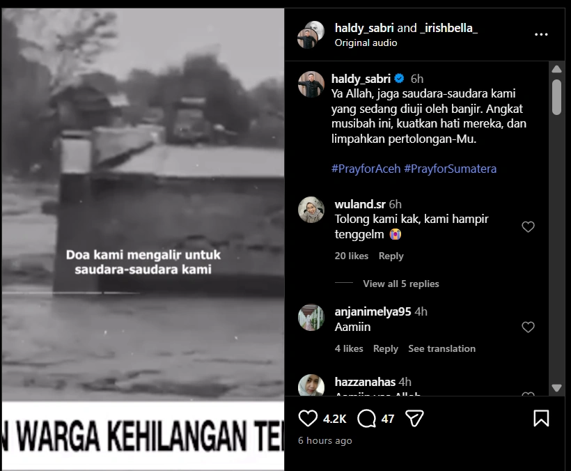 Postingan Haldy Sabri Dan Irish Bella Soal Bencana Alam Di Aceh Sumut Dan Sumbar Cc Instagram