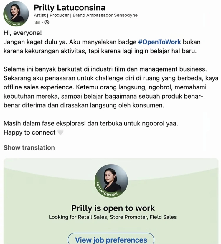 Postingan Prilly Latuconsina di LinkedIn. 