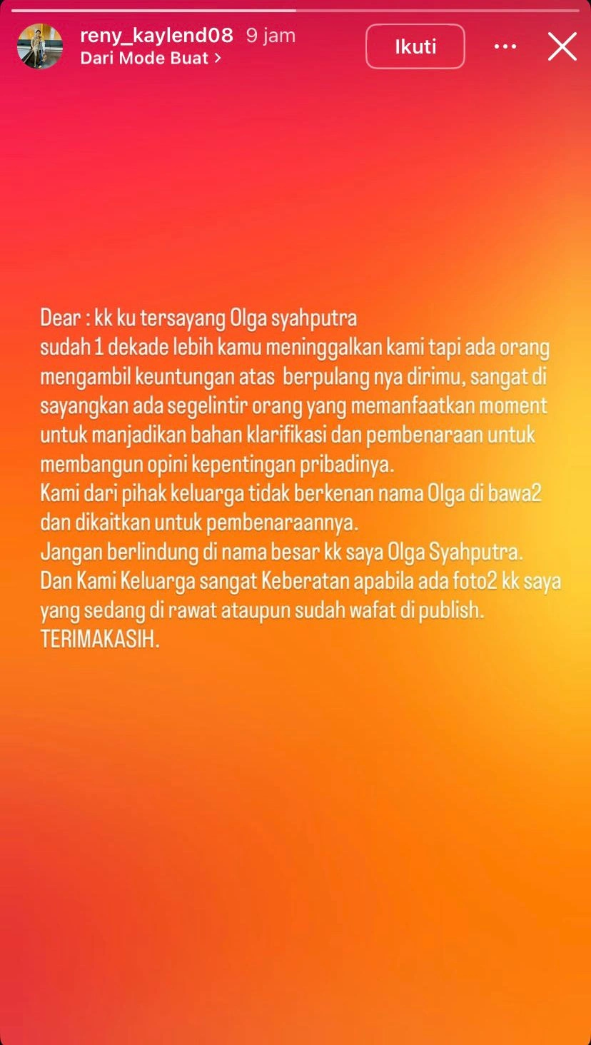 Postingan kekecewaan Reny, adik almarhum Olga Syahputra ke Mak Vera. [Instagram]