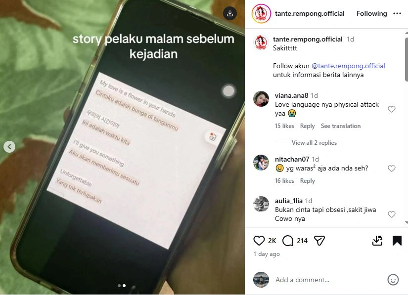 Postingan Terakhir Pelaku Pembacokan Mahasiswi Uin Suska Riau [sumber: Instagram]
