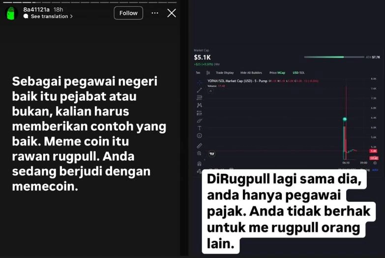 Postingan Yudo Soal Pegawai Main Meme Coin Instagram