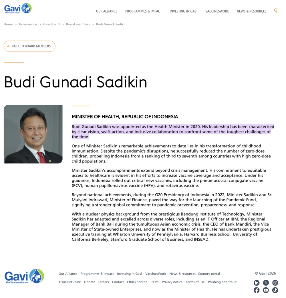 Profil Menkes Budi Gunadi Sadikin di GAVI. [GAVI.org]