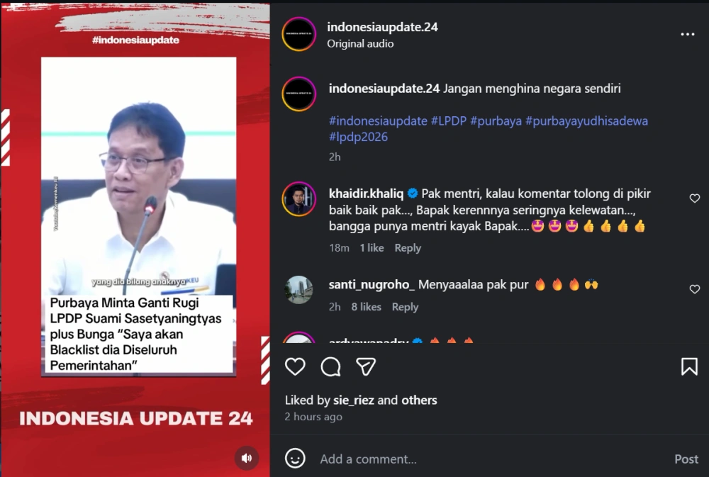 Purbaya Soal Sikap Dwi Sasetyaningtyas [Sumber: Instagram]