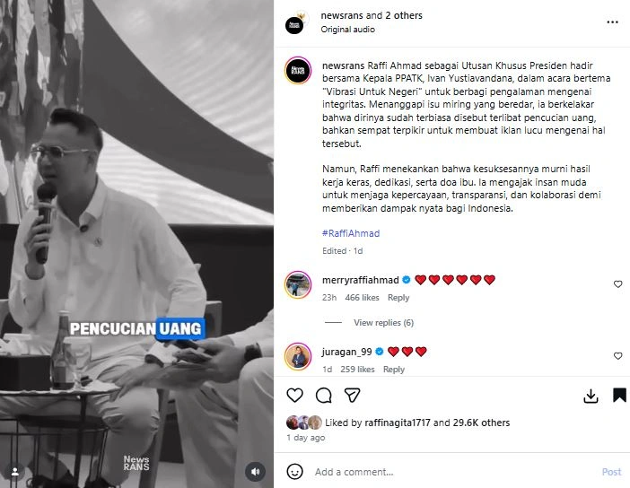 Raffi Ahmad Bantah Tudingan Pencucian Uang [Sumber: Instagram Newsrans]