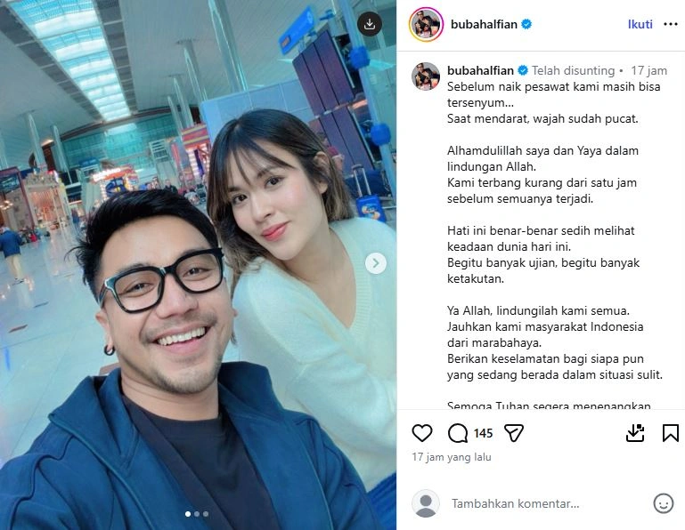 Raisa Dan Bubah Alfian Akhirnya Tiba Di Indonesia Usai Tertahan Di Dubai [sumber: Instagram Bubahalfian]
