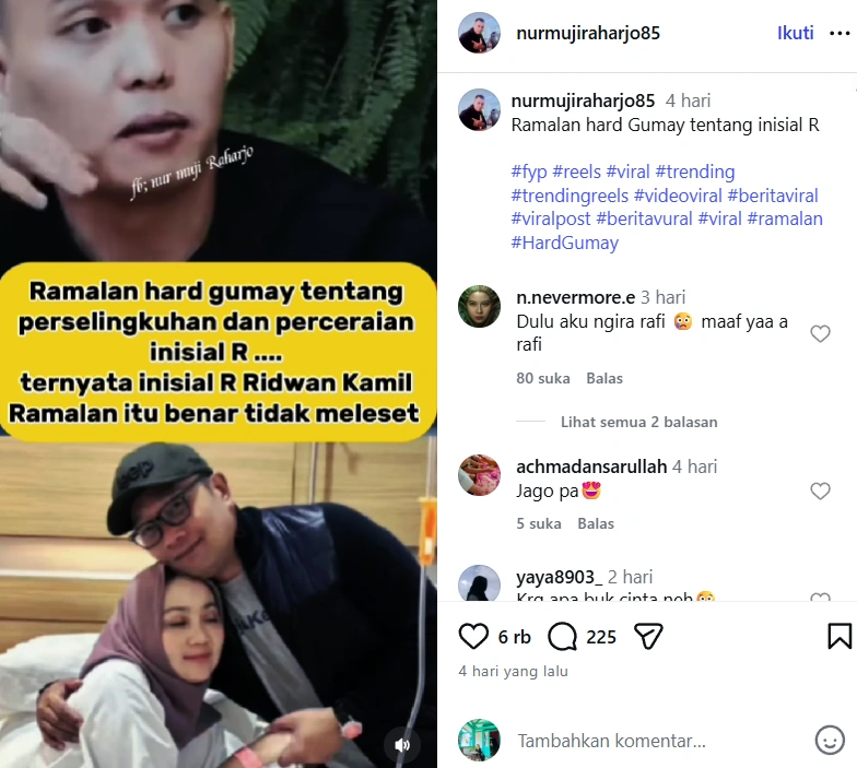 Ramalan Hard Gumay Soal Inisial R Kembali Viral [Sumber: Instagram Nurmujiraharjo85]