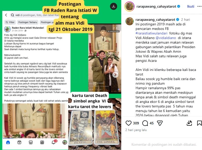 Ramalan Lama Mbak Rara Soal Vidi Aldiano Kembali Viral [sumber: Instagram Rarapawang Cahayatarot]