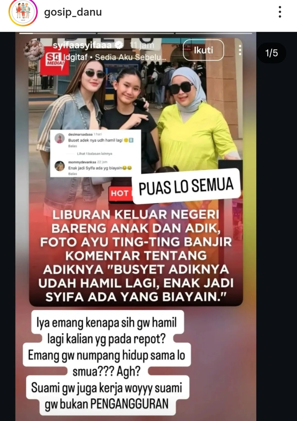 Reaksi Adik Ayu Ting Ting Dituding Numpang Hidup Dari Sang Kakak [Sumber: Instagram Gosip Danu]