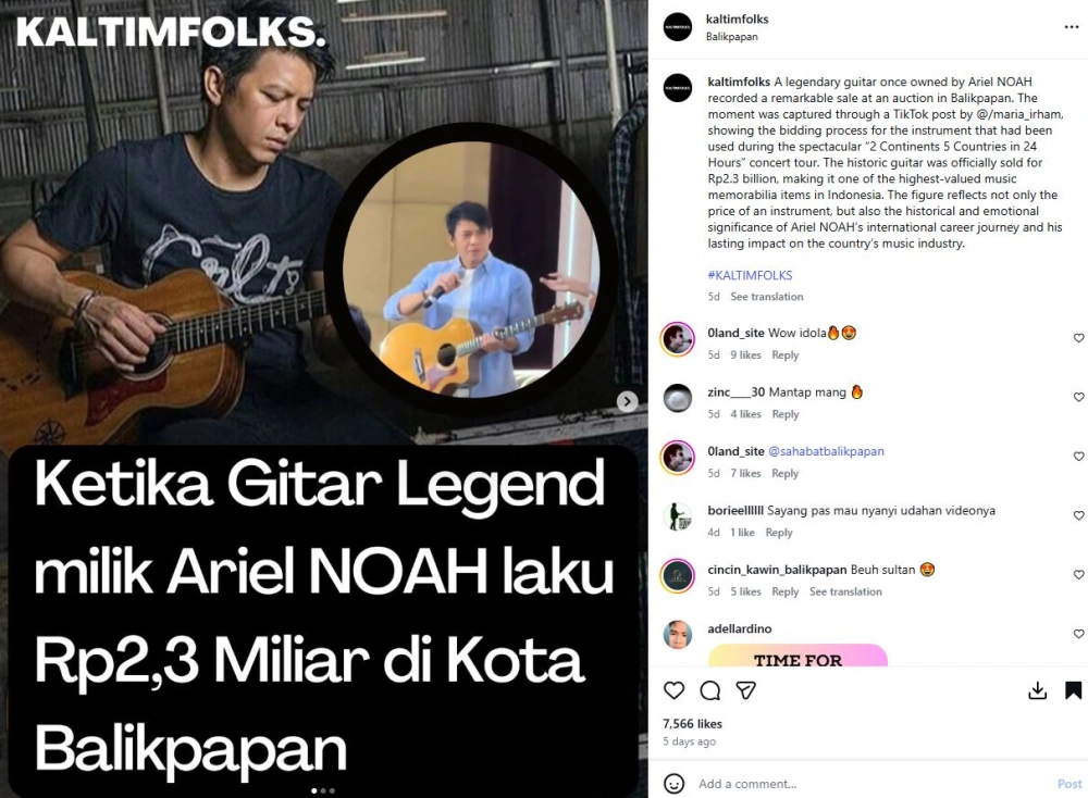Reaksi Ariel Noah Usai Gitarnya Dilelang [Sumber: Instagram Kaltimfoks]