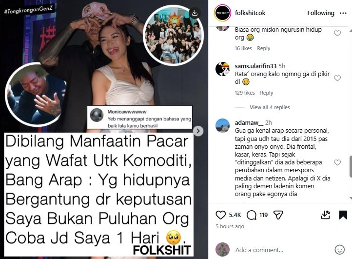 Reaksi Reza Arap Usai Disebut Manfaatkan Kematian Lula Lahfah [Sumber: Instagram Folkshitcok]