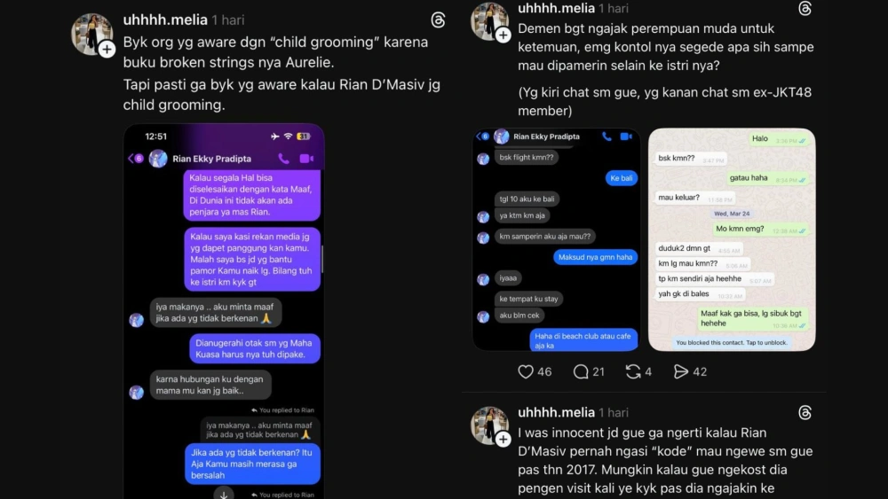 Akun Threads @uhhh.melia mengaku menjadi korban dugaan child grooming saat masih berusia 12 tahun, menyeret nama vokalis D’Masiv. [Threads]