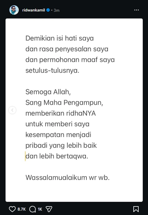 Ridwan Kamil Minta Maaf [Sumber: Instagram]
