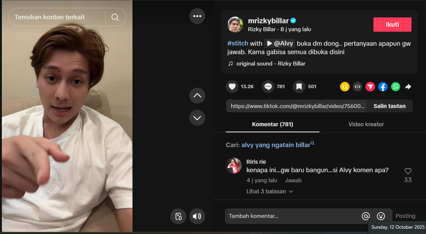 Rizky Billar Murka Dengan Komentar Netizen