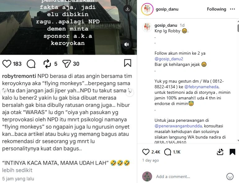 Roby Tremonti Sindir Kelakuan Orang Npd [sumber: Instagram Gosip Danu]