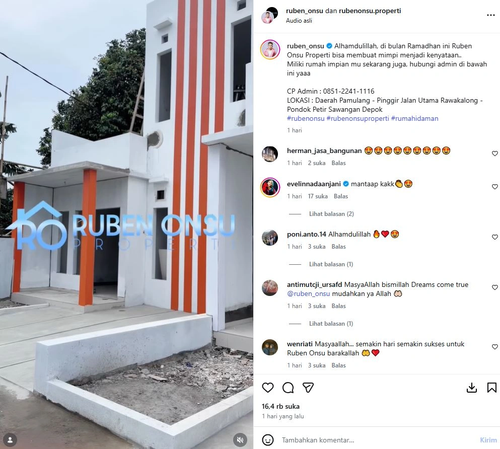 Ruben Onsu Jadi Ceo Proyek Perumahan Mewah [sumber: Instagram Ruben Onsu]