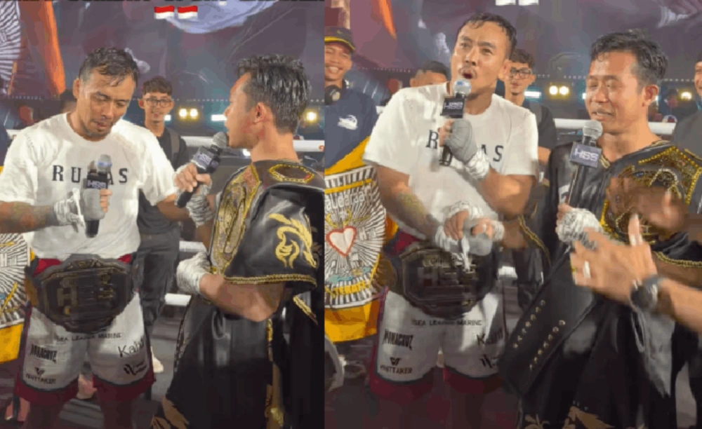Rudy Golden Boy serahkan sabuk juara ke Paris Pernandes. [TikTok/Paris Pernandes]