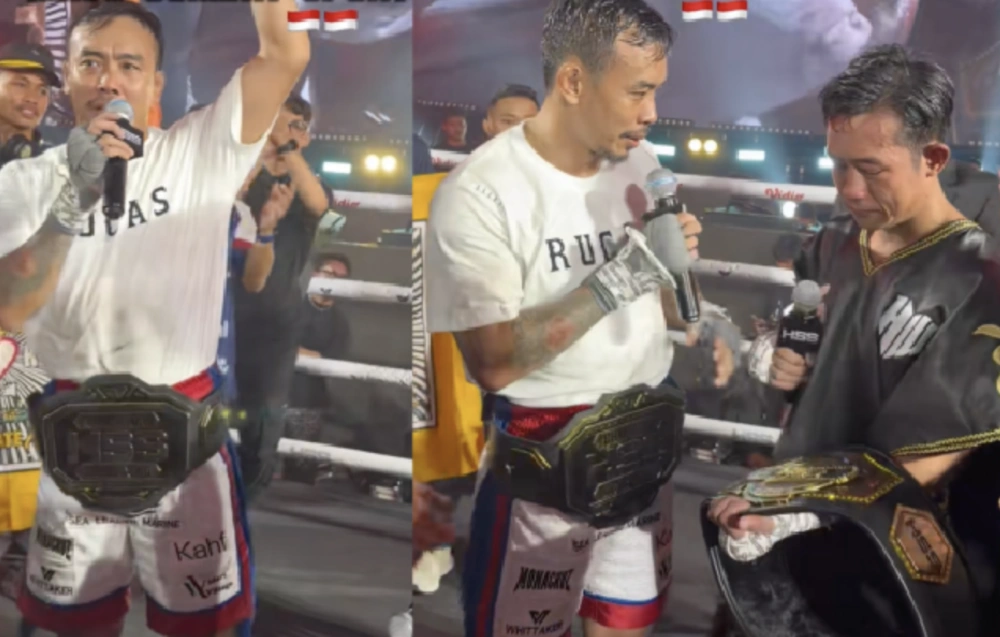 Rudy Golden Boy serahkan sabuk juara ke Paris Pernandes. [TikTok/Paris Pernandes]
