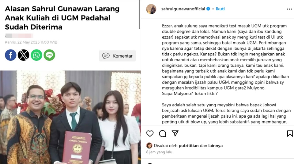 Sahrul Gunawan Soal Tak Izinkan Anak Kuliah di UGM [Instagram]