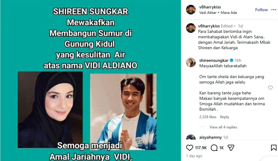 Unggahan ayah Vidi Aldiano soal wakaf sumur atas nama Vidi Aldiano dari Shireen Sungkar. [Instagram]