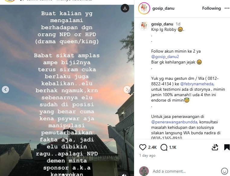 Sindiran Roby Tremonti [sumber: Instagram Gosip Danu]