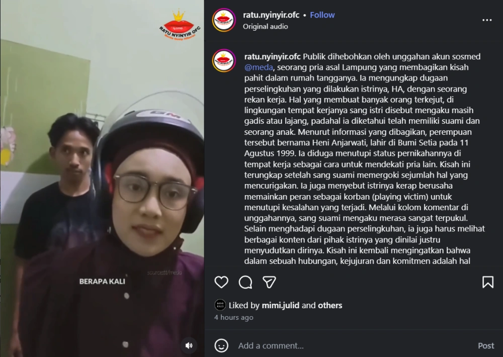 Suami Di Lampung Pergoki Istrinya Selingkuh Dengan Rekan Kerja Sumber Instagram