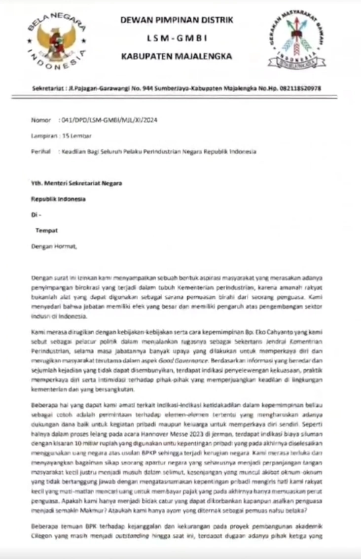 Surat dari GMBI untuk Mensesneg terkait Eko Cahyanto. [TikTok/@media24jam2]