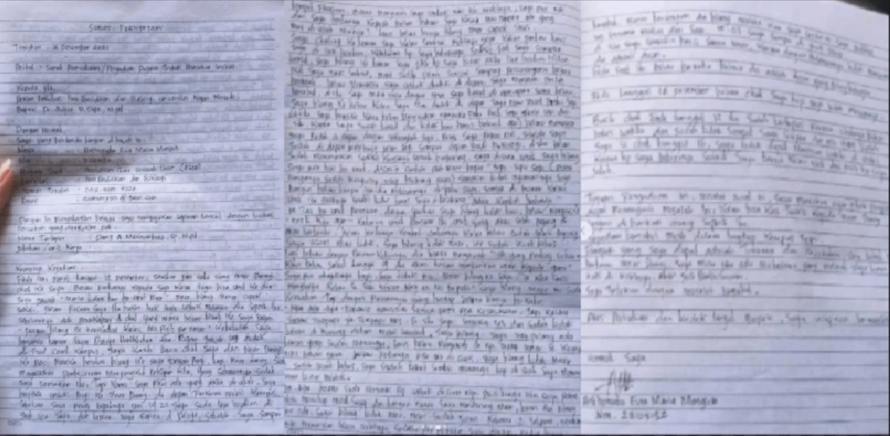 Surat yang ditulis Maria Mangolo. [Instagram/@kriminews]