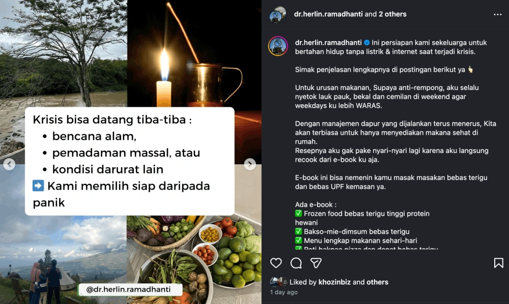 Survival kit pemadaman listrik 7 hari versi dr Herlin Ramadhanti. [Instagram]
