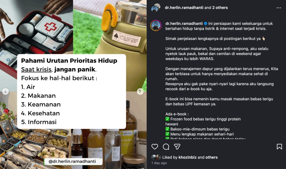Survival kit pemadaman listrik 7 hari versi dr Herlin Ramadhanti. [Instagram]