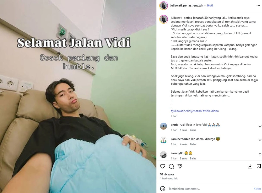 Suster Ungkap Kondisi Vidi Aldiano Sebelum Meninggal [sumber: Instagram Juliawati Perias Jenazah]