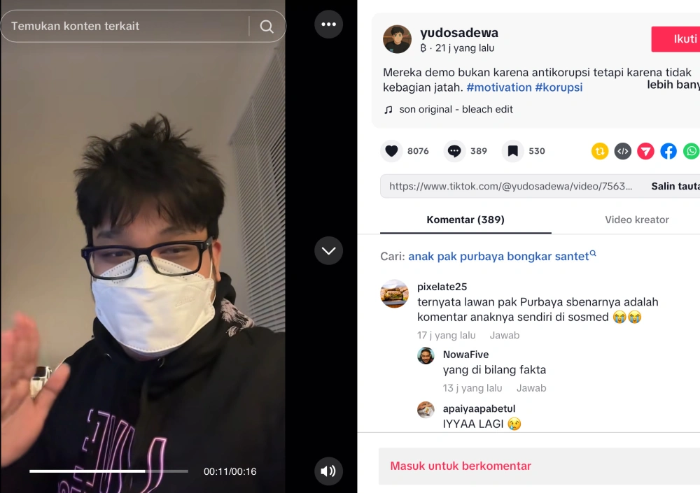 Tangkap Layar Unggahan Putra Menteri Keuangan Purbaya Yudo Sadewa Mengenai Mahasiswa Yang Dibayar Untuk Demo Tiktok Yudosadewa