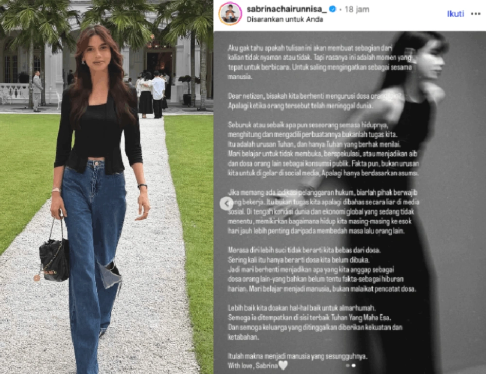 Teguran Sabrina Chairunnisa pada netizen. [Instagram]