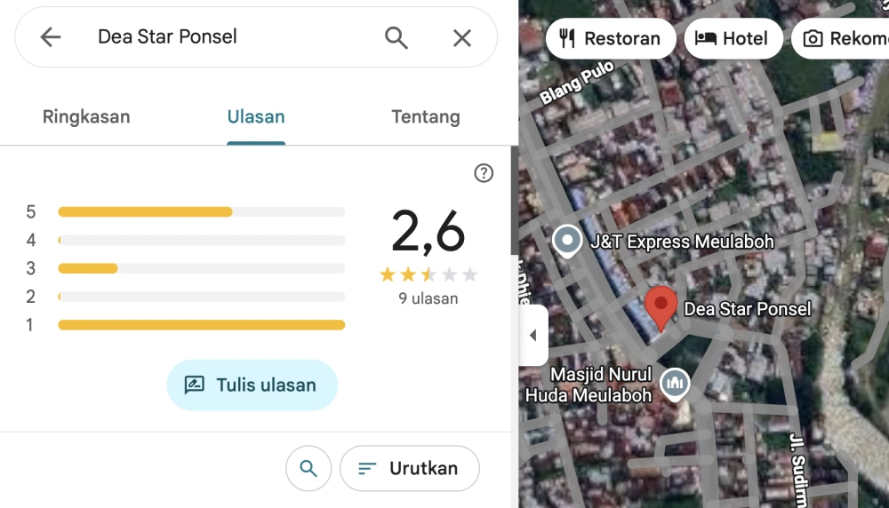 Testimoni soal pelayanan di Dea Star Ponsel atau Dea Store Meulaboh. [Google Review]