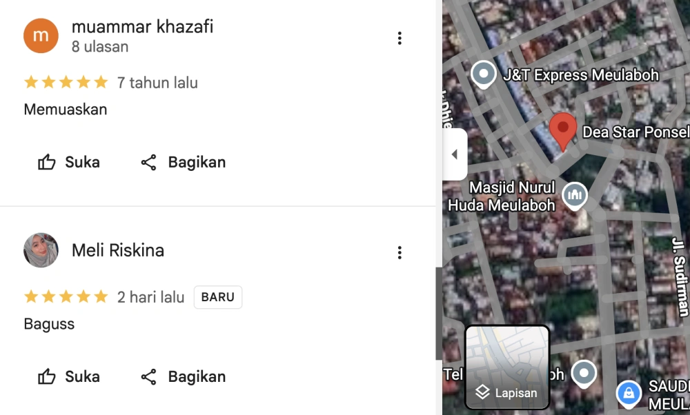 Testimoni soal pelayanan di Dea Star Ponsel atau Dea Store Meulaboh. [Google Review]